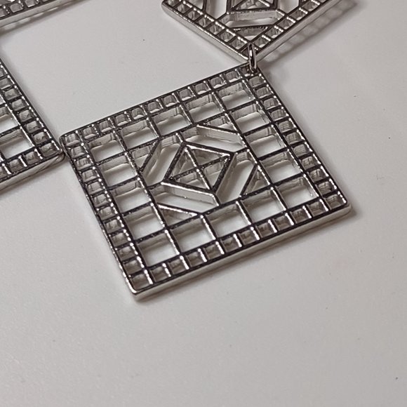 Long Silver Tone Metal Decorative Dangling Square Earrings - Picture 3 of 12